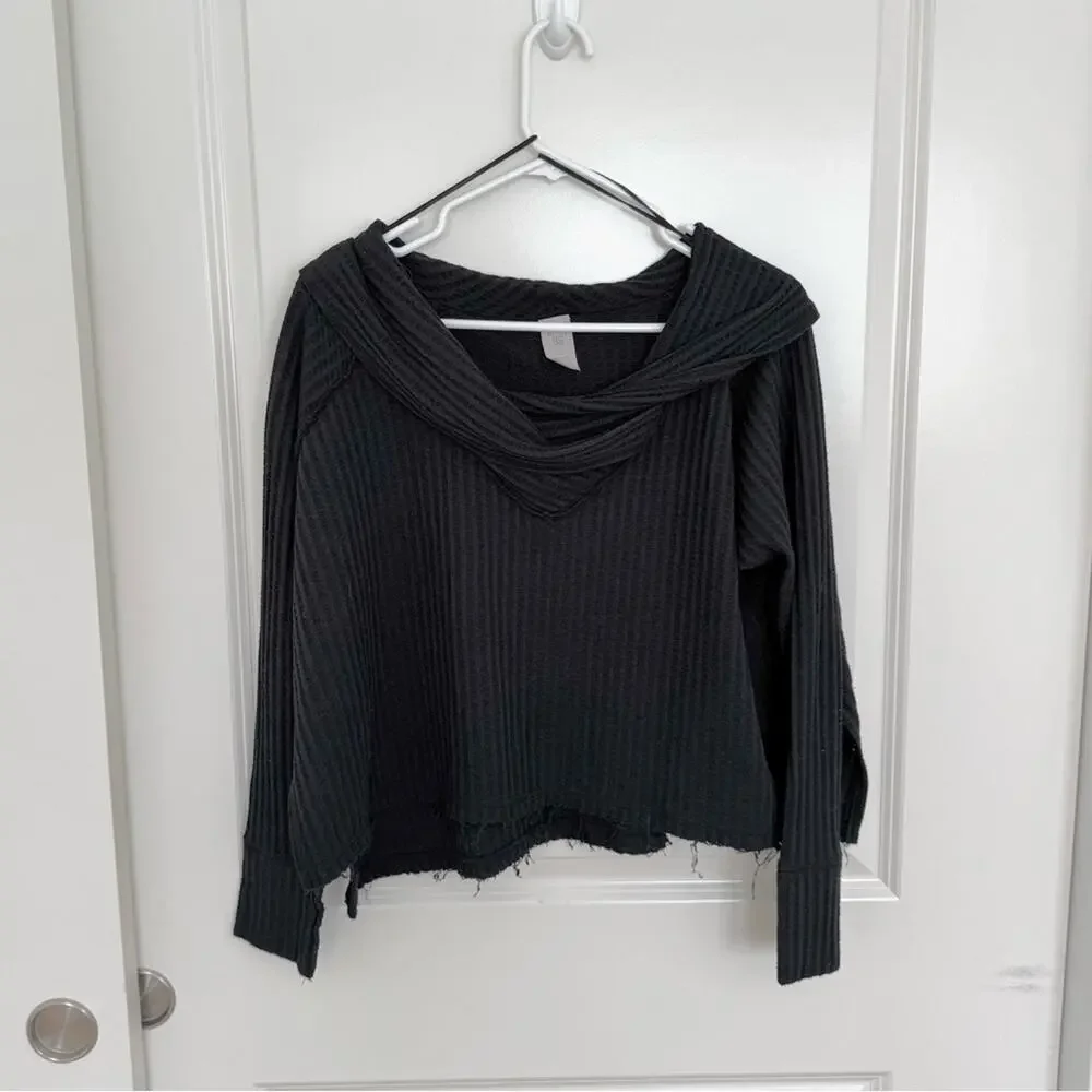 We The Free Wildcat Thermal Cowl Neck Textured Waffle Knit Black Medium